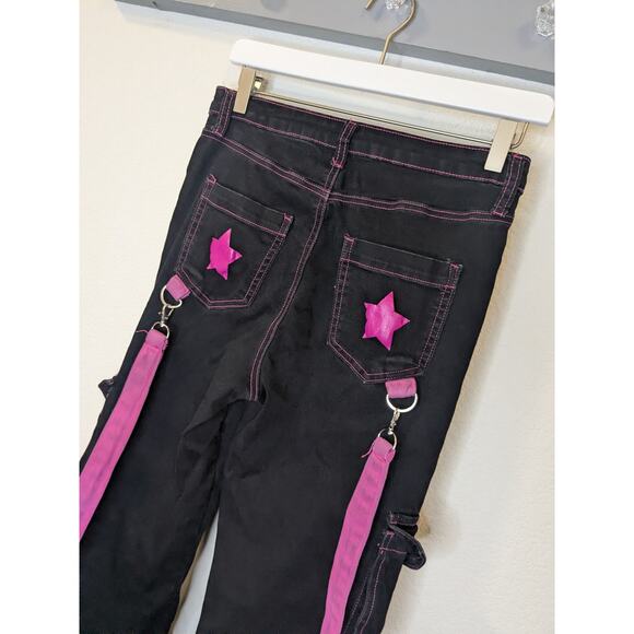 Vintage 90s Y2K HOT TOPIC Trip Rave Cargo Pants Stars Pink Black Womens Size 9 - Picture 10 of 10